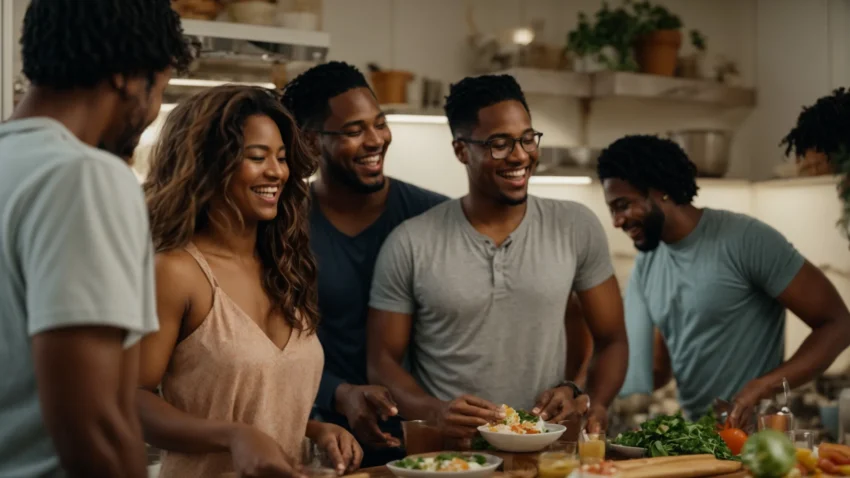 a diverse group of people laughing and cooking together in a brightly lit kitchen.