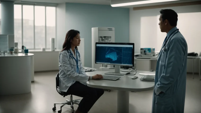 a doctor is discussing with a patient in an examination room while an ai-powered computer automatically records their conversation.